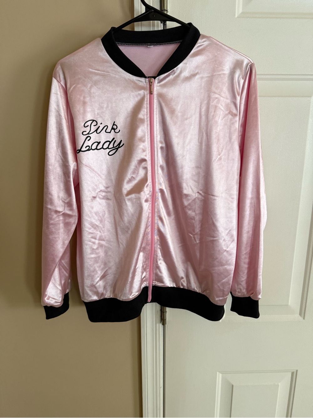 Pink Lady Satin Bomber Jacket — Light Pink with Black Trim